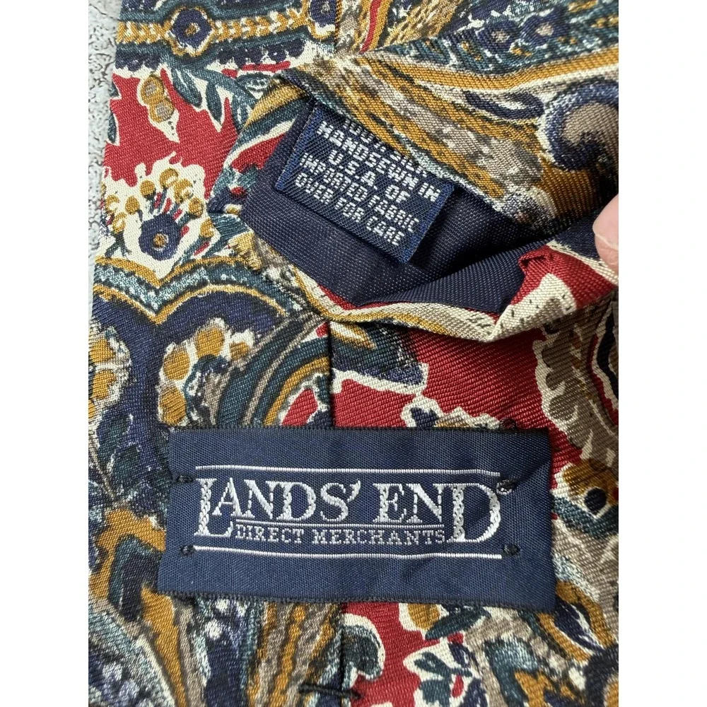 Lands' End Tie Mens OS Red 100% Silk Classic Pointed Paisley Jacquard VTG